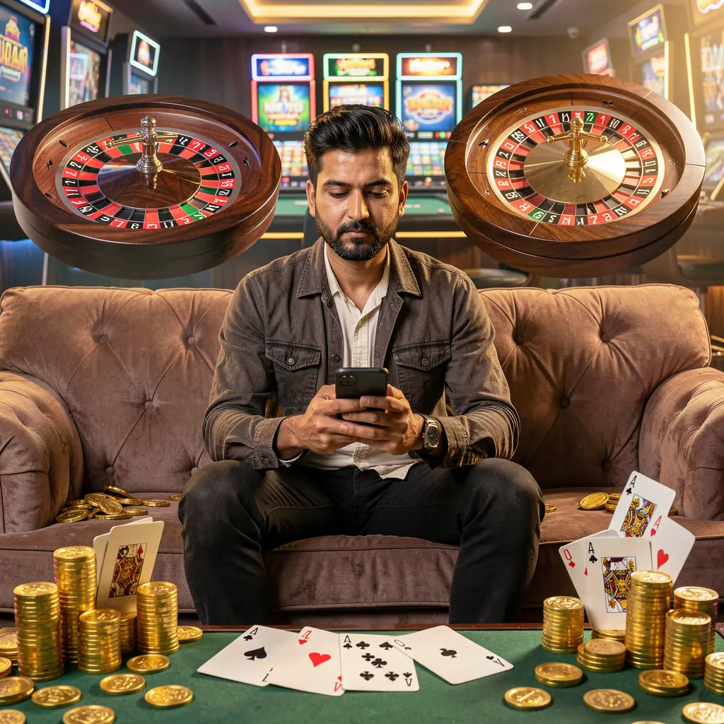 Confident Bangladeshi man relaxing on a sofa while using the JYJILI casino app surrounded by glowing roulette wheels playing cards and falling gold coins