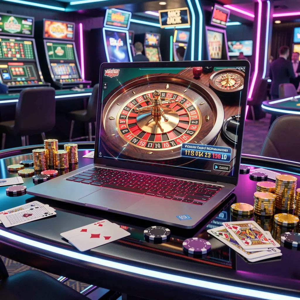 Modern laptop displaying a live roulette wheel surrounded by casino chips and golden coins representing the dynamic online casino games available at JYJILI in Bangladesh