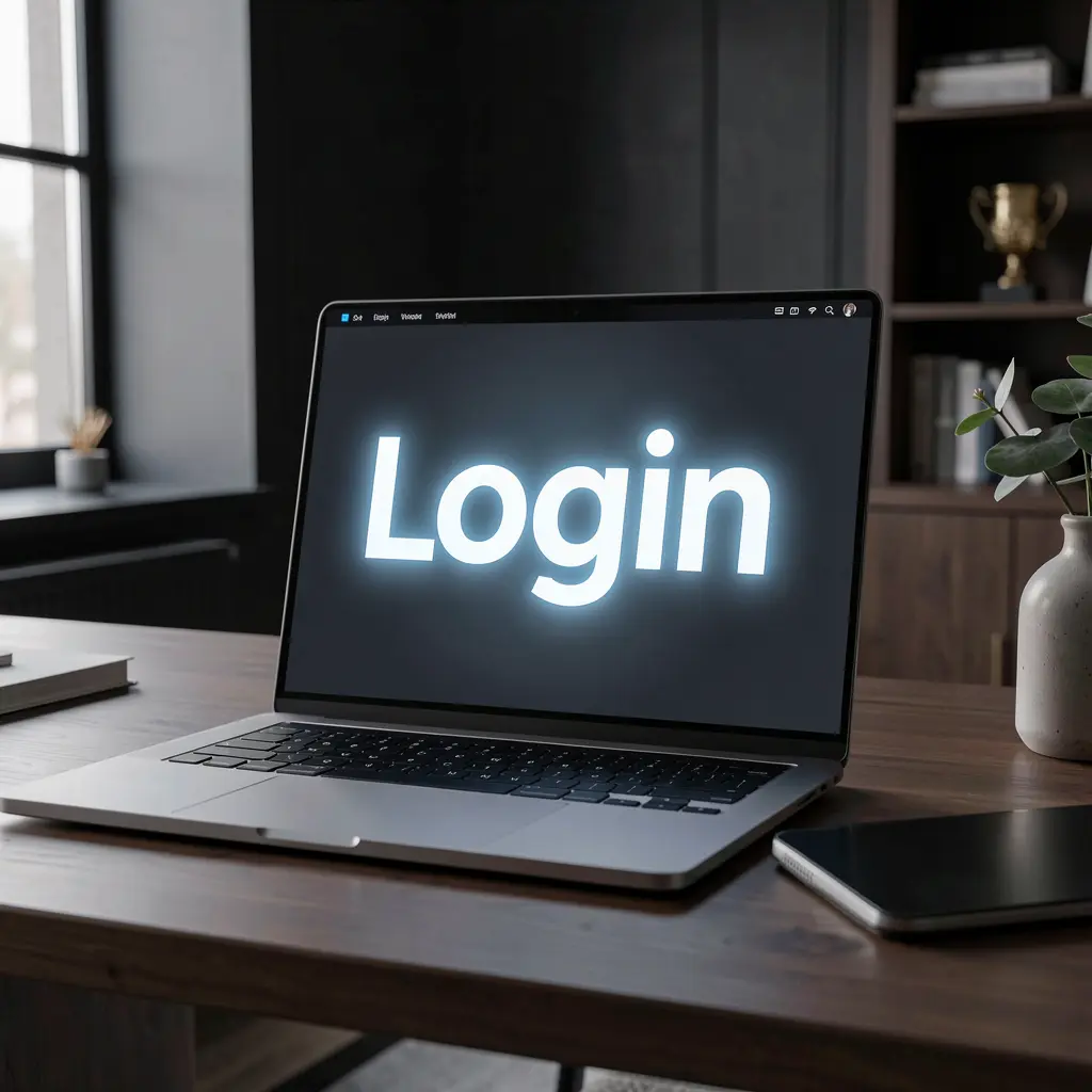 Modern laptop on a dark desk showing the JYJILI login screen with a glowing interface for secure access in Bangladesh