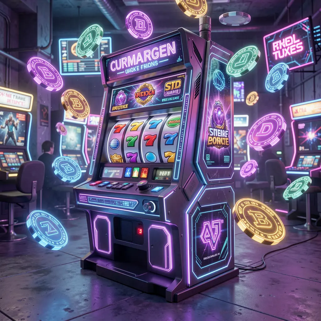 Modern slot machine with bright neon lights and digital effects surrounded by flying casino chips representing the high energy slot experience at JYJILI in Bangladesh